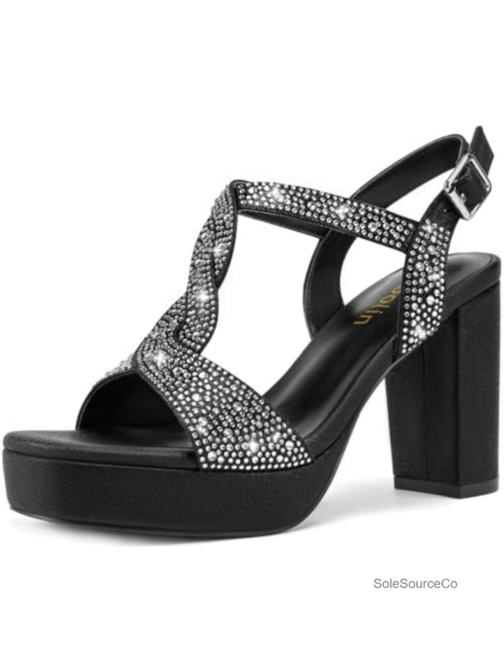 Chunky Platform High Heels Glittery Rhinestone Block Heel Sandals Square Open